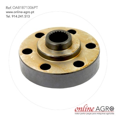 Peça metálica circular dourada e cinza com furos e texto de referência