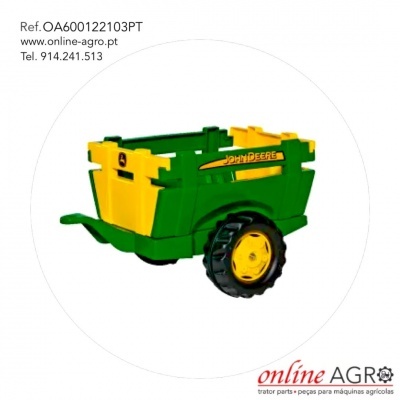 Carrinho agrícola de plástico verde e amarelo com texto JOHN DEERE