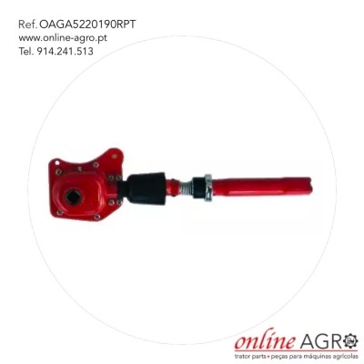 Peça mecânica vermelha com eixo tubular em fundo branco e texto de referência e contacto.