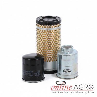 Filtros metálicos para máquinas agrícolas em fundo branco com logo Online Agro