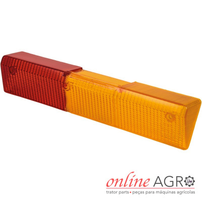 Luz traseira de plástico vermelho e amarelo para máquina agrícola com textura retilínea.