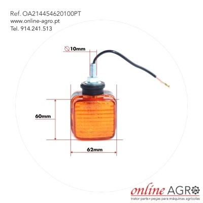 Luz indicadora quadrada laranja com cabo elétrico e dimensões anotadas