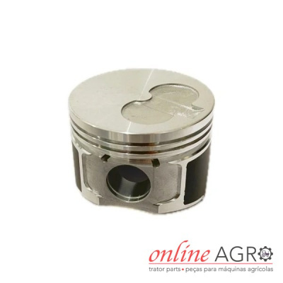 Pistão metálico prateado para máquina agrícola com fundo branco e logo Online AGRO