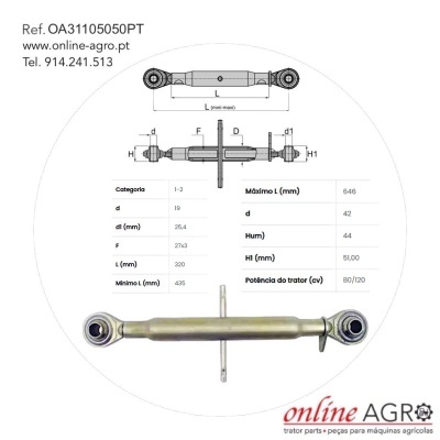 Peça metálica para máquinas agrícolas com tabela de medidas e informações de contacto