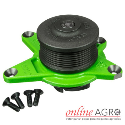 Peça de máquina agrícola verde com polia preta e parafusos junto a logótipo Online Agro