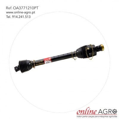 Eixo de transmissão preto com capas elásticas e correntes de segurança visíveis