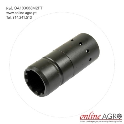 Peça metálica preta cilíndrica com orifícios circulares e encaixe dentado sobre fundo branco