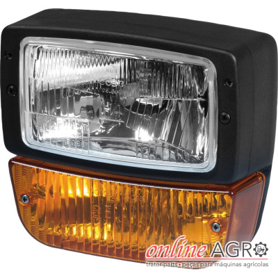 Farol para máquinas agrícolas com parte superior transparente e parte inferior em plástico laranja