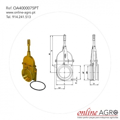 válvula metálica dourada com anel de vedação e esquemas técnicos com texto e logo online agro