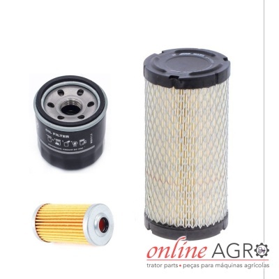 Três filtros para máquinas agrícolas com acabamento metálico e plástico, e logotipo online AGRO.