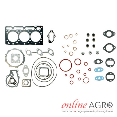 Conjunto de juntas para motores em metal, borracha e cobre, variedade de tamanhos e formas, em fundo branco com logo online AGRO.