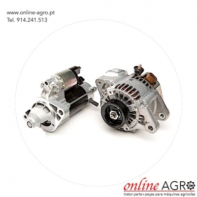 Motor de arranque e alternador metálicos com texto de contacto e logotipo