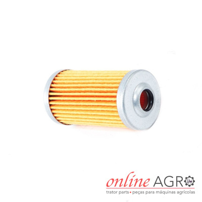 Filtro cilíndrico amarelo com extremidades metálicas prateadas e texto online AGRO