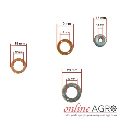 Quatro anilhas metálicas de diferentes tamanhos com medidas em mm e logótipo online AGRO