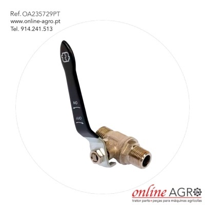 Válvula de metal com manípulo preto e texto de contacto da loja