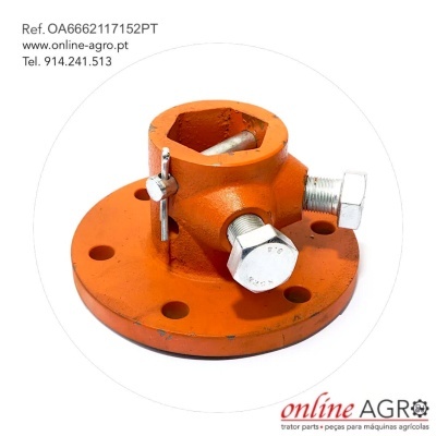 Peça metálica laranja com parafusos hexagonais prateados para máquinas agrícolas