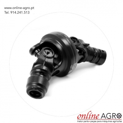 Componente mecânico preto com juntas articuladas sobre fundo branco e texto de contacto.