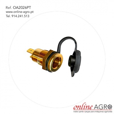 Conector metálico dourado com tampa preta em plástico