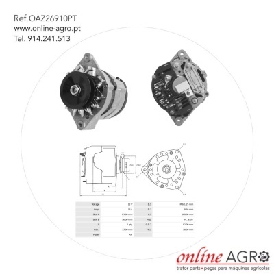 Alternador metálico com polia preta mostrado de frente e verso, esquema técnico e tabela