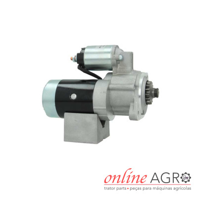 motor de arranque metálico cinzento e preto com componente prateado em fundo branco com logo online AGRO