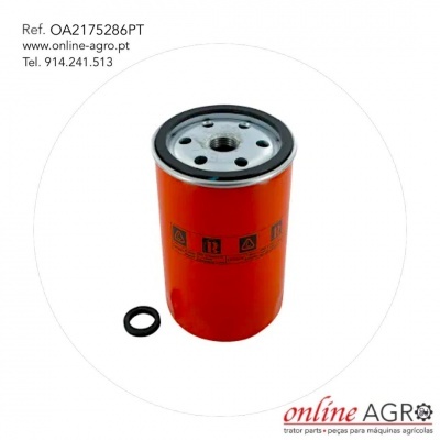 Filtro de óleo laranja com anel de borracha e texto promocional