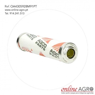 Filtro branco cilíndrico AGCO PARTS em fundo branco com texto e logotipo online AGRO