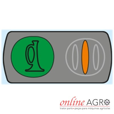 Dois botões grandes, um verde com símbolo e outro cinza com oval laranja, fundo cinza e logo online AGRO