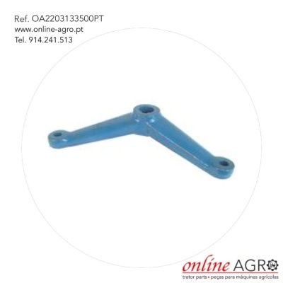 Peça metálica azul triangular com três orifícios e texto de referência e contacto