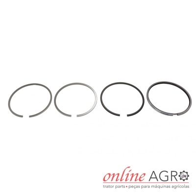 Conjunto de quatro anéis metálicos para máquinas agrícolas sobre fundo branco com logótipo