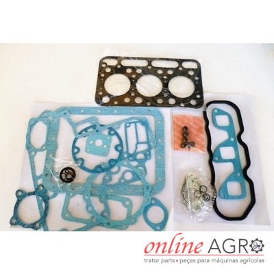 Conjunto de juntas e vedantes para motor em várias formas e tamanhos, dispostas sobre fundo branco com logótipo online AGRO