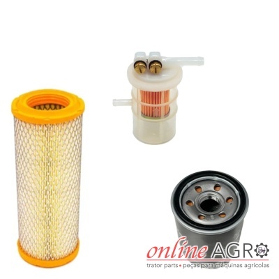 Conjunto de filtros para máquina agrícola em fundo branco com texto online AGRO.