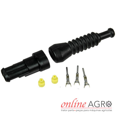 Conjunto de conector elétrico preto com terminais metálicos e peças amarelas