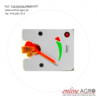 Indicador analógico branco com ponteiro laranja e marcações coloridas