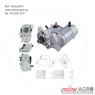 Motor de arranque metálico para máquinas agrícolas com vistas e detalhes técnicos