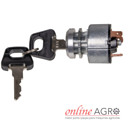 Chave metálica com interruptor cilíndrico, texto online AGRO no fundo branco