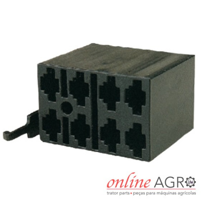 Conector elétrico preto com múltiplos encaixes quadrados e alavanca lateral