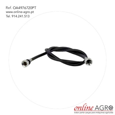 Cabo preto com conetores metálicos em fundo branco com texto e logo