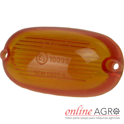 Lente amarela oval com inscrições E3 10098 DCM 6027 IL e furações