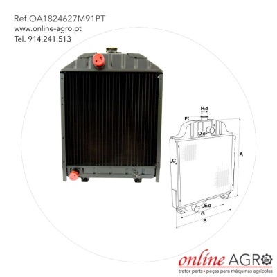 Radiador metálico com grelha preta e tampas vermelhas, desenho técnico do radiador, texto de contato e logotipo online AGRO