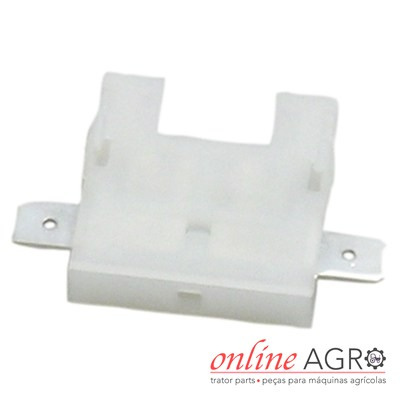 Conector elétrico branco com abas metálicas e logotipo online AGRO
