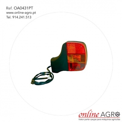 Luz traseira para trator com cabo elétrico em fundo branco com texto e logótipo