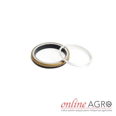 Conjunto de anéis de vedação metálicos e de borracha sobre fundo branco com texto online AGRO