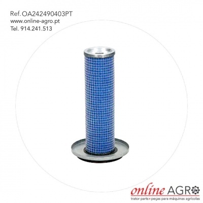 Filtro cilíndrico azul e metálico com texto e logo online AGRO