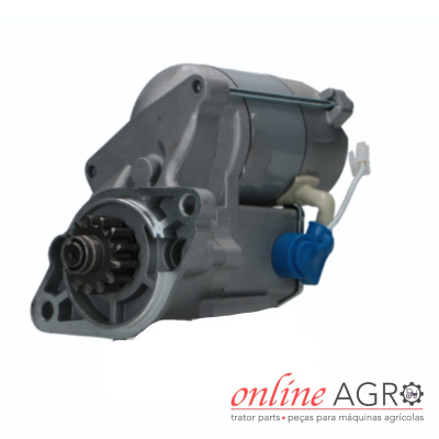 Motor de arranque metálico cinza para máquinas agrícolas com cabo azul e branco