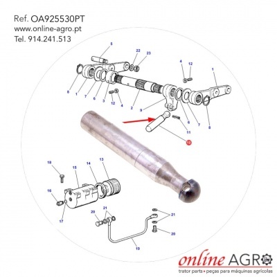 Peça metálica cilíndrica com extremidade esférica e esquema técnico ao fundo