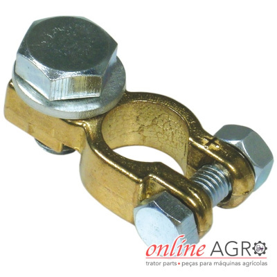 Conector de bateria metálico dourado com parafusos prateados