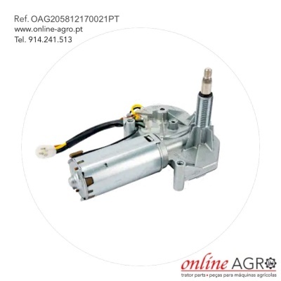 Motor elétrico metálico para máquinas agrícolas num fundo branco com texto e logotipo online AGRO