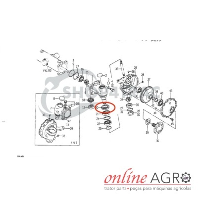 Diagrama técnico de peças mecânicas com destaque vermelho no componente 20