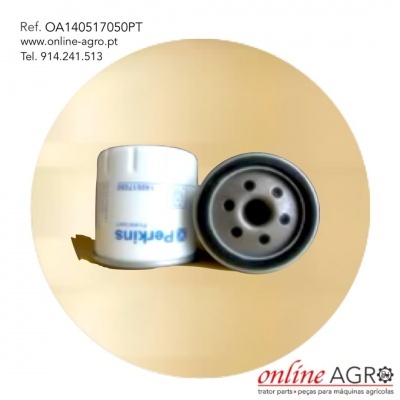 Filtro de óleo branco da Perkins com parte superior metálica e texto em fundo bege