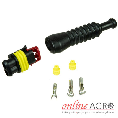 Conjunto de componentes elétricos para automóveis com conector preto, anel amarelo, proteção de borracha preta e terminais metálicos